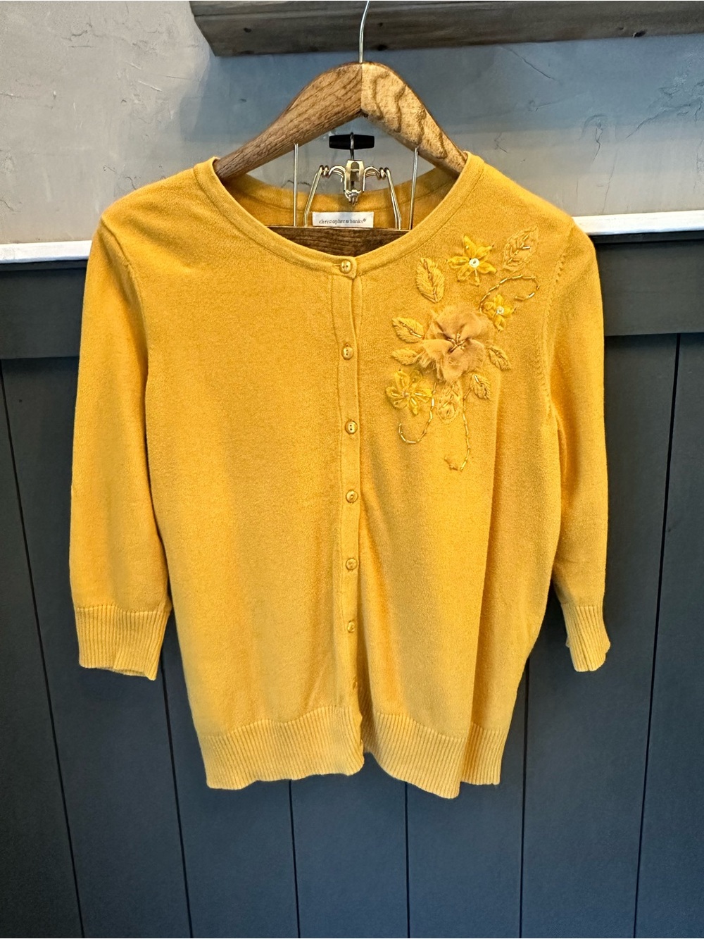 Christopher & Banks Embellished Floral Button-Front Cardigan in Gold XL